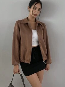 DAZY Women Solid Color Long Sleeve Zipper Casual Faux Leather Jacket, Spring Autumn,Fall Women Clothes - Brown - View 3