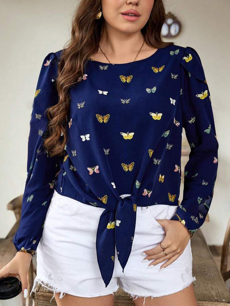 SHEIN LUNE 大码圆领蝴蝶印花扭纹袖口长袖衬衫职业上衣秋季衬衫女式上衣商务休闲女式工作衬衫商务衬衫