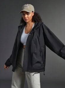 Exploreva Solid Color Front Zip Up Letter Printed Minimalist Sports Jacket, Casual Daily Wear