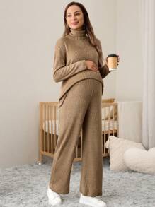 SHEIN Bộ quần áo bà bầu 2 món - Áo hoodie cổ cao dài tay & Quần ống rộng có thể điều chỉnh eo, Thu Đông - Cà phê nâu - Xem 5