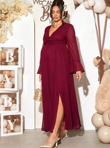 Loomaby Gender Reveal Dress Burgundy Maternity Spring/Autumn Elegant Solid Color Bell Sleeve Dress For Baby Shower Party - Burgundy - View 4