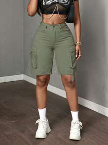 SHEIN Slayr 女士中腰工装口袋牛仔骑行裤 - 軍綠色 - 查看 5