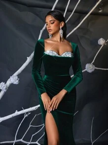 Glamrae 优雅奢华的翡翠绿色天鹅绒亮片褶皱开衩美人鱼裙，带拖尾，适合婚礼活动、单身派对、节日、正式场合（大量装饰）、长袖晚礼服、婚礼嘉宾、毕业典礼、晚宴 - 墨綠色 - 查看 2