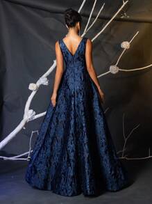 Glamrae 优雅海军蓝奢华 3D 提花 V 领高腰修身美人鱼连衣裙，带超大亮片，多用途，适合约会、派对、婚礼、正式活动、舞会晚礼服、婚礼嘉宾、毕业典礼、晚宴 - 藏蓝色 - 查看 4