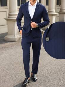 Manfinity Mode Men's Stand Collar Buttoned Front Long Sleeve Minimalist Blazer And Pants Set - Navy Blue - View 9