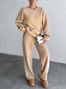 EURMUSE Cotton Solid Color Oversized Drop Shoulder Sweatshirt & Sweatpants Set - Beige - View 1