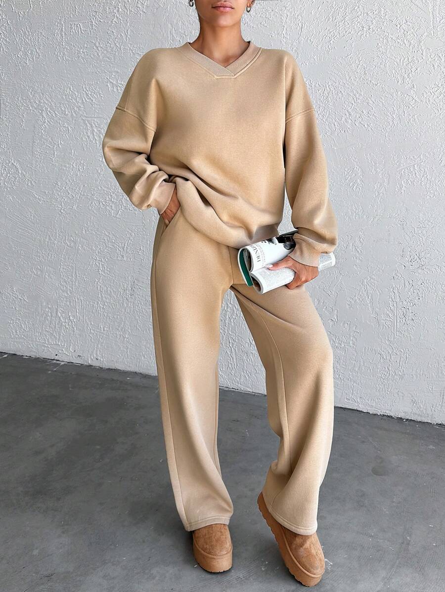 EURMUSE Cotton Solid Color Oversized Drop Shoulder Sweatshirt & Sweatpants Set - Beige - View 1