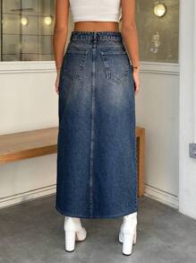 SHEIN Cottnline MID LENGHT DENIM SKIRT ASYMMETRICAL SLIT DETAIL - Dark Wash - View 2