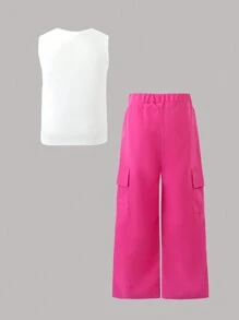 SHEIN 2pcs Young Girl Summer Orange Utility Pants & Graphic Print Tank Top Set - Hot Pink - View 2