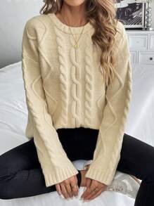 Chiquease Women's Long Sleeve Crew Neck Winter Casual Wear Tops, Knit Pullover Fall - Apricot - View 6