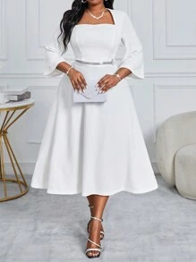 SHEIN Lady Vestido de corte patinador minimalista con cuello cuadrado, mangas largas, decoración metálica y drapeado para dama de honor de talla grande en unicolor. Vestido elegante para invitada de boda de otoño. - Blanco - Ver 5