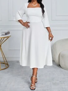 SHEIN Lady Vestido de corte patinador minimalista con cuello cuadrado, mangas largas, decoración metálica y drapeado para dama de honor de talla grande en unicolor. Vestido elegante para invitada de boda de otoño. - Blanco - Ver 4