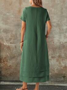 EMERY ROSE Women's Solid Color Round Neck Short Sleeve Casual Long Dress