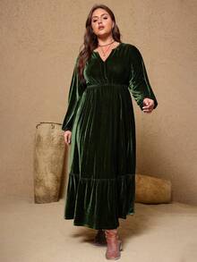 Váy chữ A cổ chữ V nhung cỡ lớn dành cho nữ - màu xanh lá - Xem 3