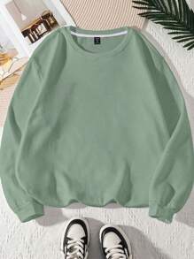 Flirla 大码女式休闲纯色长袖运动衫 - 綠色 - 查看 1