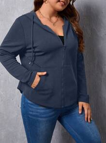 SHEIN Essnce Áo khoác thường ngày có mũ trùm đầu, tay dài màu xanh navy, cỡ lớn, có khóa kéo, màu trơn, mùa xuân thu - Màu xanh lam - Xem 3