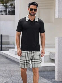 Manfinity ModaGents 2pcs  Solid Color Patchwork Short Sleeve Casual Top And Shorts Set