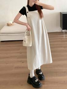 FRIFUL Women's Solid Color Simple Casual Strap Corduroy Overall Dress Sundress