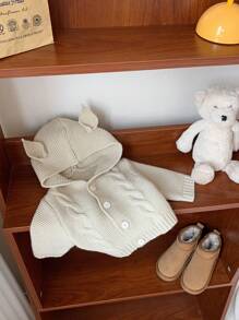 SHEIN Nouveau-né Bébé Garçon/Fille Beige Automne Hiver Vintage Texturé Capuche Cardigan Avec Design Oreille 3D, Décontracté Et Chaud, Adapté Pour Une Utilisation En Intérieur Et Extérieur
