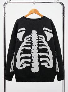 SHEIN 青少年男童休闲舒适百搭万圣节街头风保暖骷髅字母提花针织圆领宽松保暖毛衣，适合返校、秋季、秋冬季穿着。 - 黑與白 - 查看 2