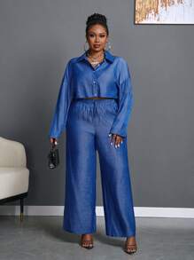 Slaydiva Bộ 2 món áo sơ mi crop top tay dài màu xanh denim rộng rãi thoải mái cho nữ size lớn - Z - Màu xanh lam - Xem 5