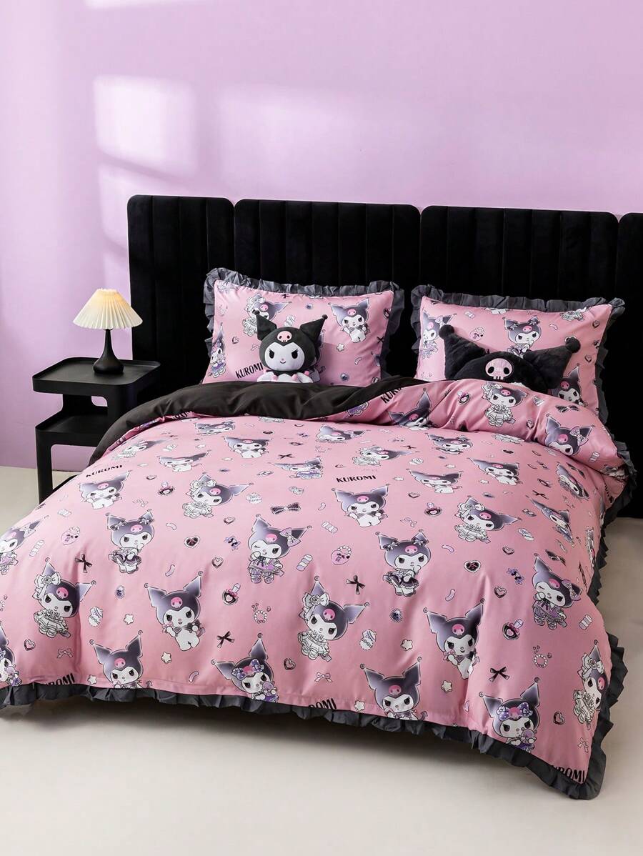 HELLO KITTY AND FRIENDS | SHEIN Cartoon Kuromi Print Contrast Ruffle Trim Bedding Set - Baby Pink - View 1
