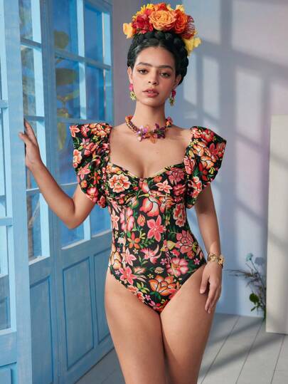 Frida Kahlo X SHEIN X Designer RAUL OROZCO Body con scollo a cuore a balze, con stampa floreale, adatto per vacanze, Ringraziamento, vacanze, primavera, festival