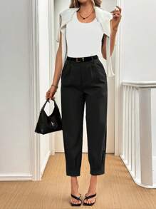 Xyvia Women's Elegant Solid Color Pleated Detail Regular Suit Pants, Autumn - Black - View 6