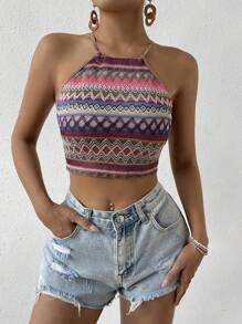 Breezaya Áo hai dây hở lưng in họa tiết hoa ngẫu nhiên ôm vừa vặn cho nữ - Nhiều màu - Xem 5