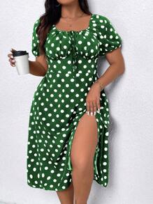 SHEIN Clasi 大码女式波尔卡圆点印花开衩短袖连衣裙 - 墨綠色 - 查看 1