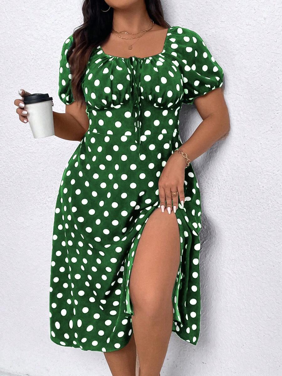 SHEIN Clasi 大码女式波尔卡圆点印花开衩短袖连衣裙 - 墨綠色 - 查看 1