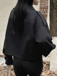 Dazy-Less 翻盖口袋落肩抽绳下摆夹克，复古风格，秋季服装 - 黑色 - 查看 8