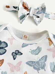 Cozy Pixies 2pcs Baby Girl Colorful Butterfly Pattern Knitted Soft Crew Neck Long Sleeve Bodysuit With Headband Set - White - View 4