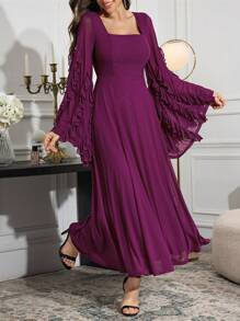 Modelyn Women's Solid Color Square Collar Ruffle Flare Sleeve Long Elegant Arabian Modest Dress Long Evening Dresses - Red Violet - View 3