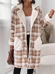 SHEIN LUNE Women's Regular Plaid Fleece Long Jacket For Autumn & Winter