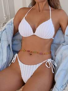 SHEIN Swim Conjunto de bikini halter simple para mujer y conjunto de bikini (color de la cadena de cintura al azar) para playa de verano - Blanco - Ver 4