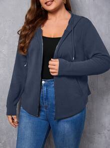 SHEIN Essnce Áo khoác thường ngày có mũ trùm đầu, tay dài màu xanh navy, cỡ lớn, có khóa kéo, màu trơn, mùa xuân thu - Màu xanh lam - Xem 5