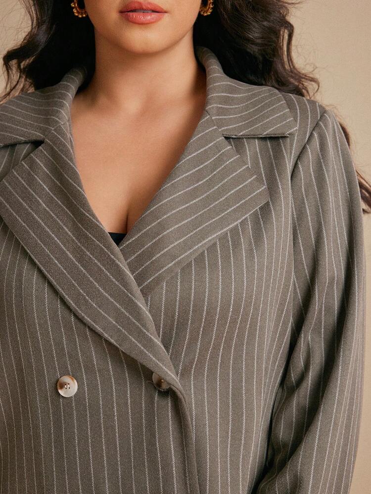 Elaquor Plus Size Notched Collar Button Front Long Sleeve Striped Suit Jacket, Casual Daily Fall/Winter - Multicolor - View 6