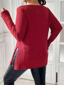 SHEIN Essnce 大码女式秋季休闲宽松舒适 V 领长袖红色 T 恤、秋季女装、圣诞女上衣、可爱上衣、红色上衣 - 紅色 - 查看 2