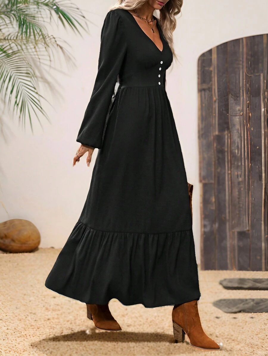 EMERY ROSE Đầm suông tay đèn lồng cổ chữ V màu trơn thanh lịch cho nữ, Xuân/Hè - màu đen - Xem 1