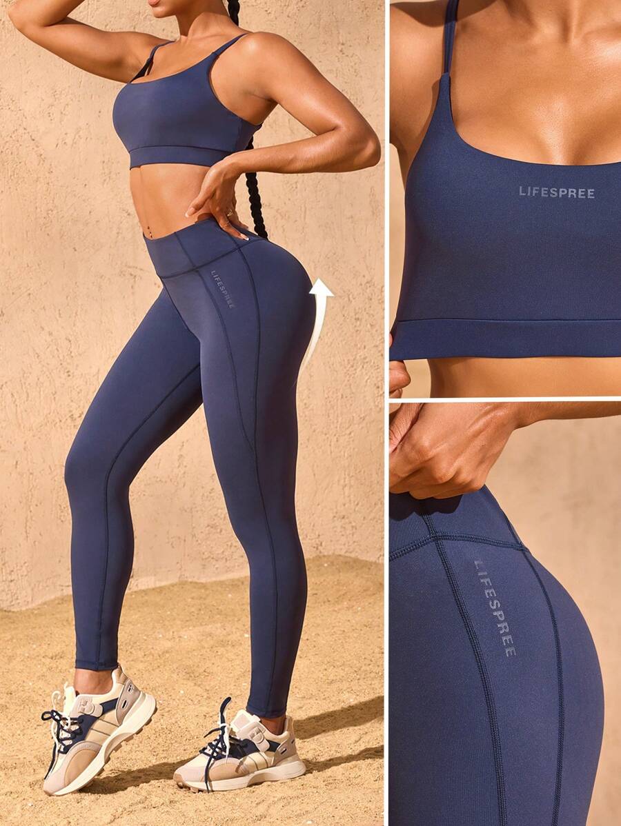 Easithlete 女士纯色无缝瑜伽套装 - 运动胸罩和紧身裤健身套装 - 藍色 - 查看 1