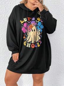 SHEIN CURVE+ Plus Size Cute Pattern Printed Black Hoodie Dress For Halloween - Black - View 7
