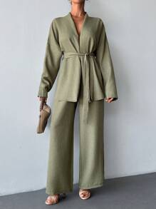 SHEIN Two Pieces With Belt Details, Cozy Sets, Easy To Wear At Home And Outdoor - Black - View 6