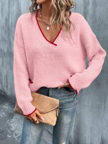 SHEIN LUNE Jersey de bolsillo con manga larga y ribete de color contrastante, uso casual de todos los días