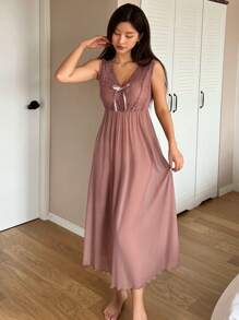 DAZY Váy ngủ lưới ren tương phản gợi cảm cho nữ có nơ trang trí - Bụi hồng - Xem 6