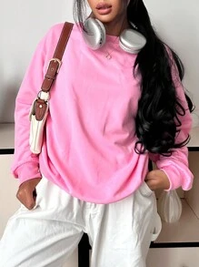SHEIN EZwear Casual Solid Color Knitted Round Neck Loose Fit Sweatshirt For Women