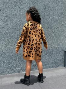SHEIN Tween Girl Daily Wear Long Sleeve Leopard Print Open Front Long Cardigan, Fall Clothes - Pink - View 2