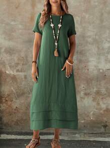 EMERY ROSE Women's Solid Color Round Neck Short Sleeve Casual Long Dress