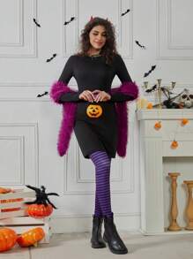 Women's New Fashion Halloween Black Crew Neck Long Sleeve Cinched Waist Bow Skater Dress, Purple Glitter Shawl, Black & Purple Striped Leggings, Dark Goth Style, Mommy And Me Matching Outfits (2 Sets Sold Separately) Fall Cloth For Women - Multicolor - View 7