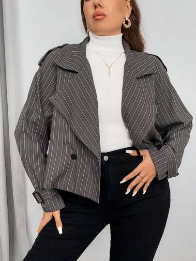 SHEIN Privé Plus Size Women's Short Lapel Collar Striped Casual Gray Loose Trench Coat
